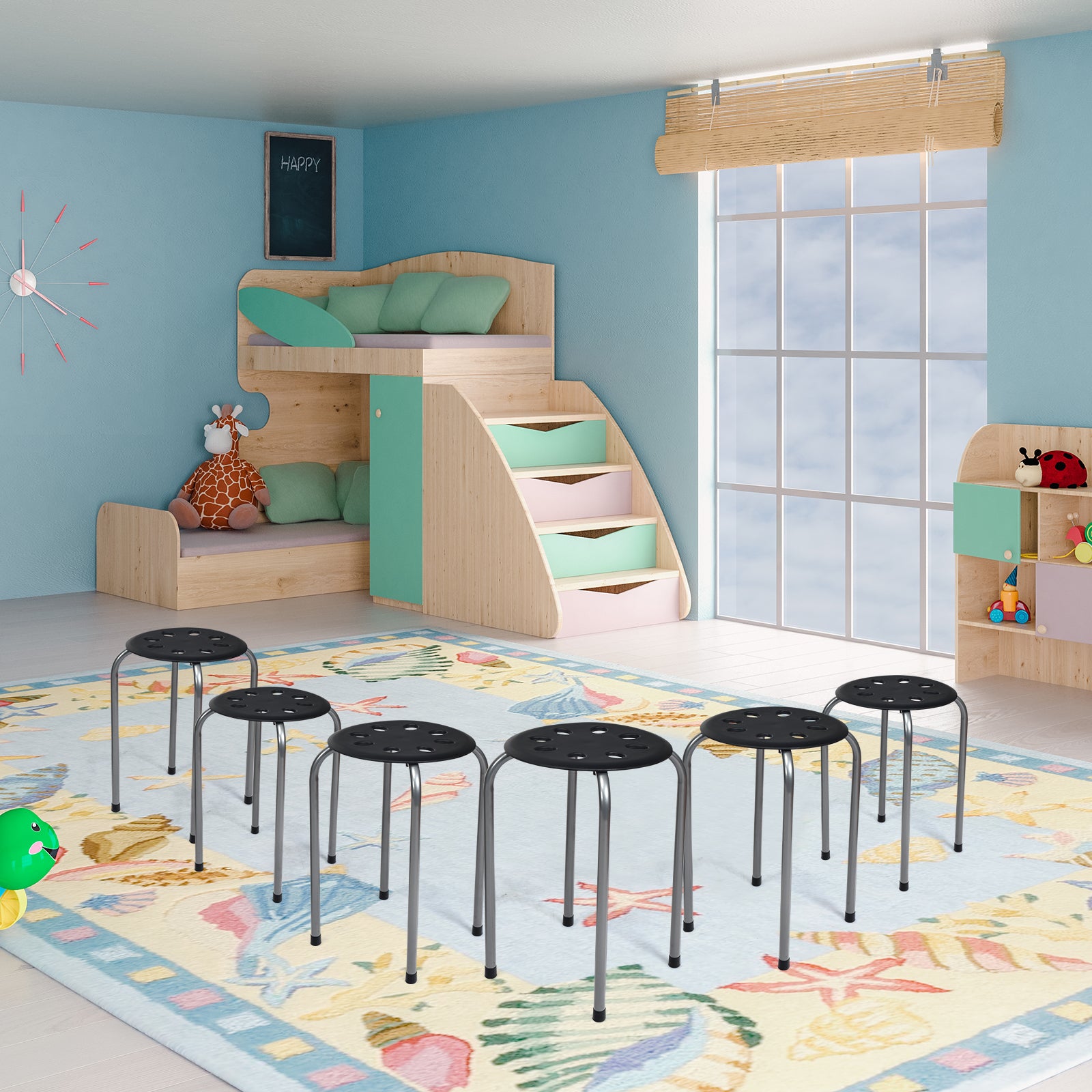 17.5 Inch Set of 6 Portable Plastic Stack Stools with Metal Frame