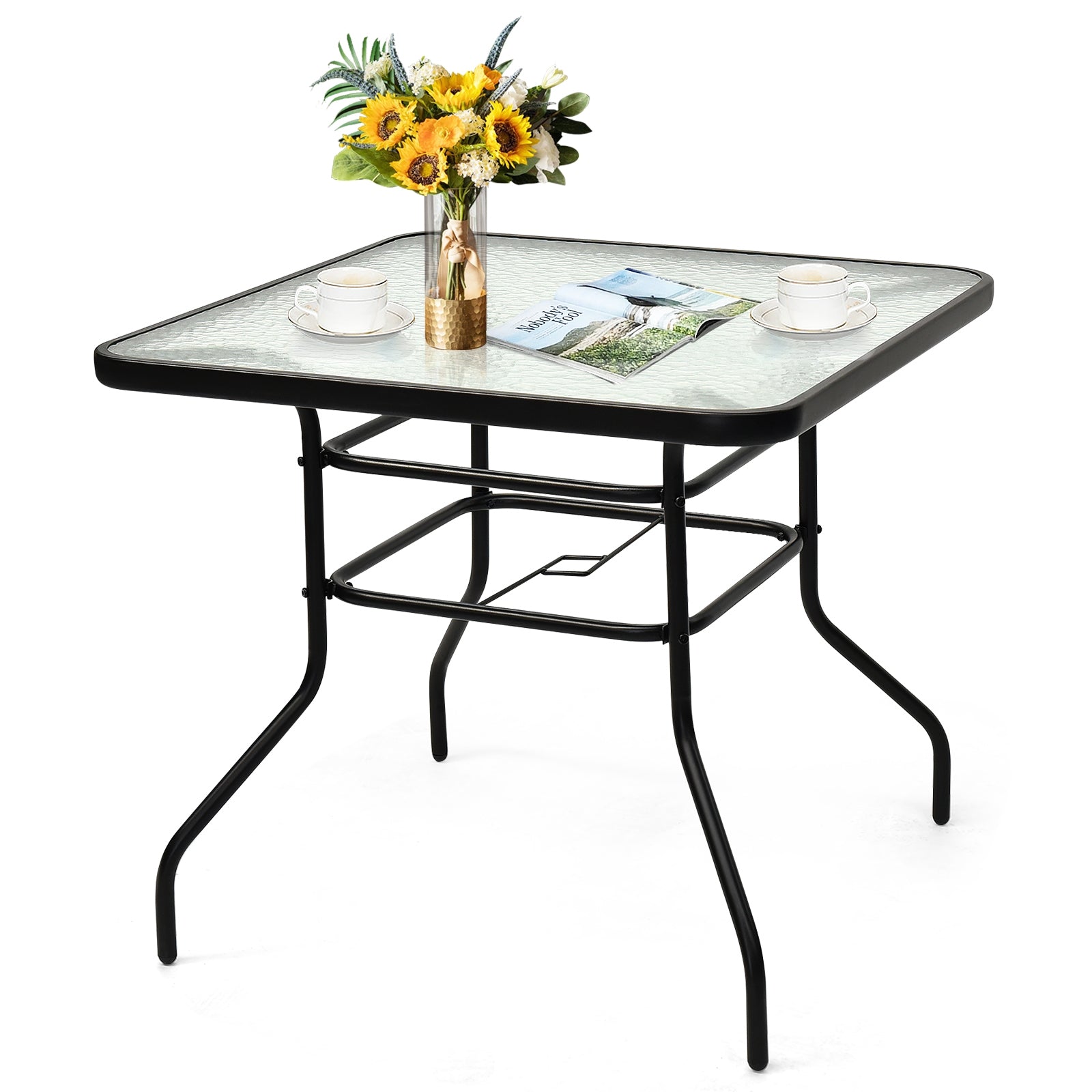 32 inch Outdoor Square Patio Dining Table with Convenient Umbrella Hole