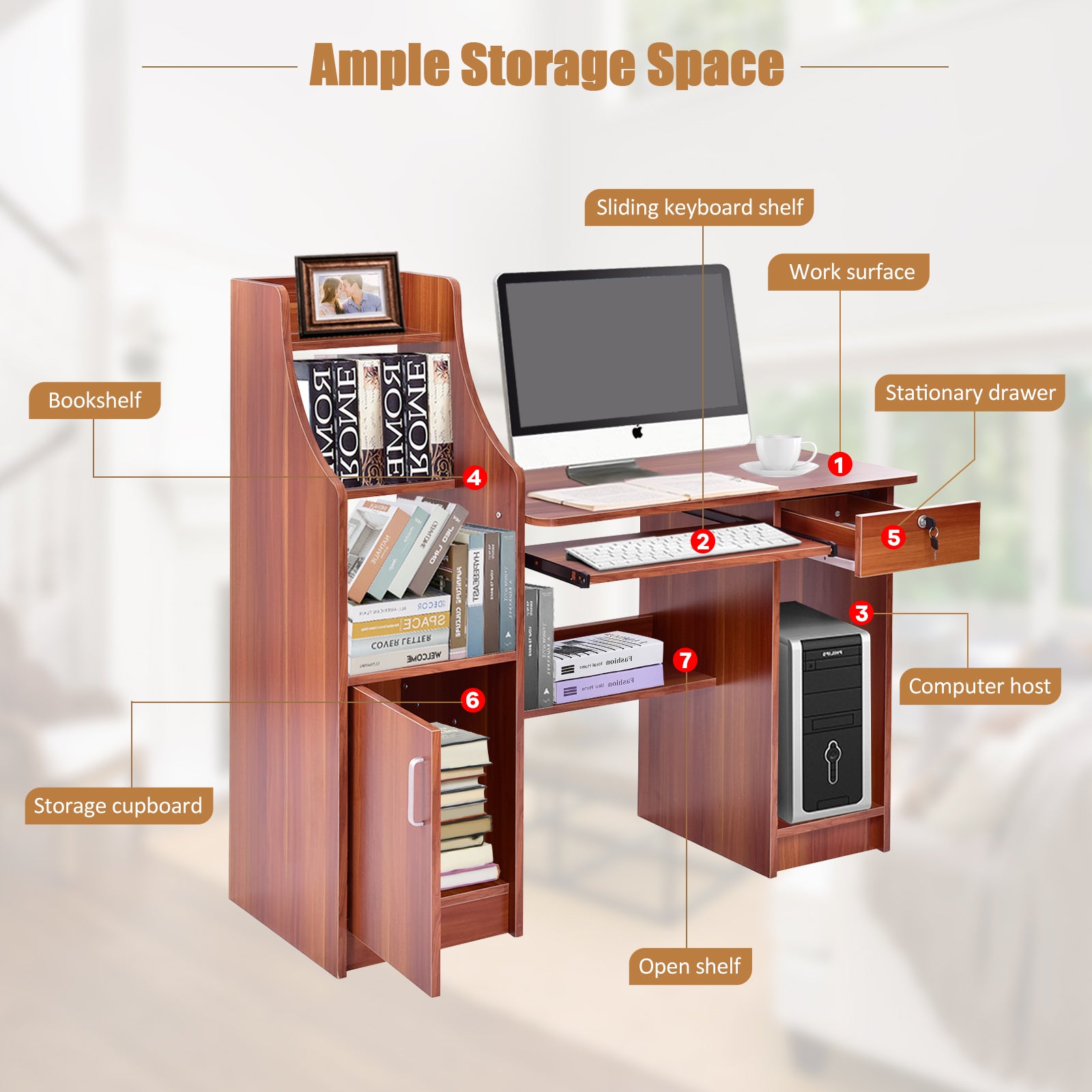 Wooden Computer Desk with Storage Cabinet and Drawer