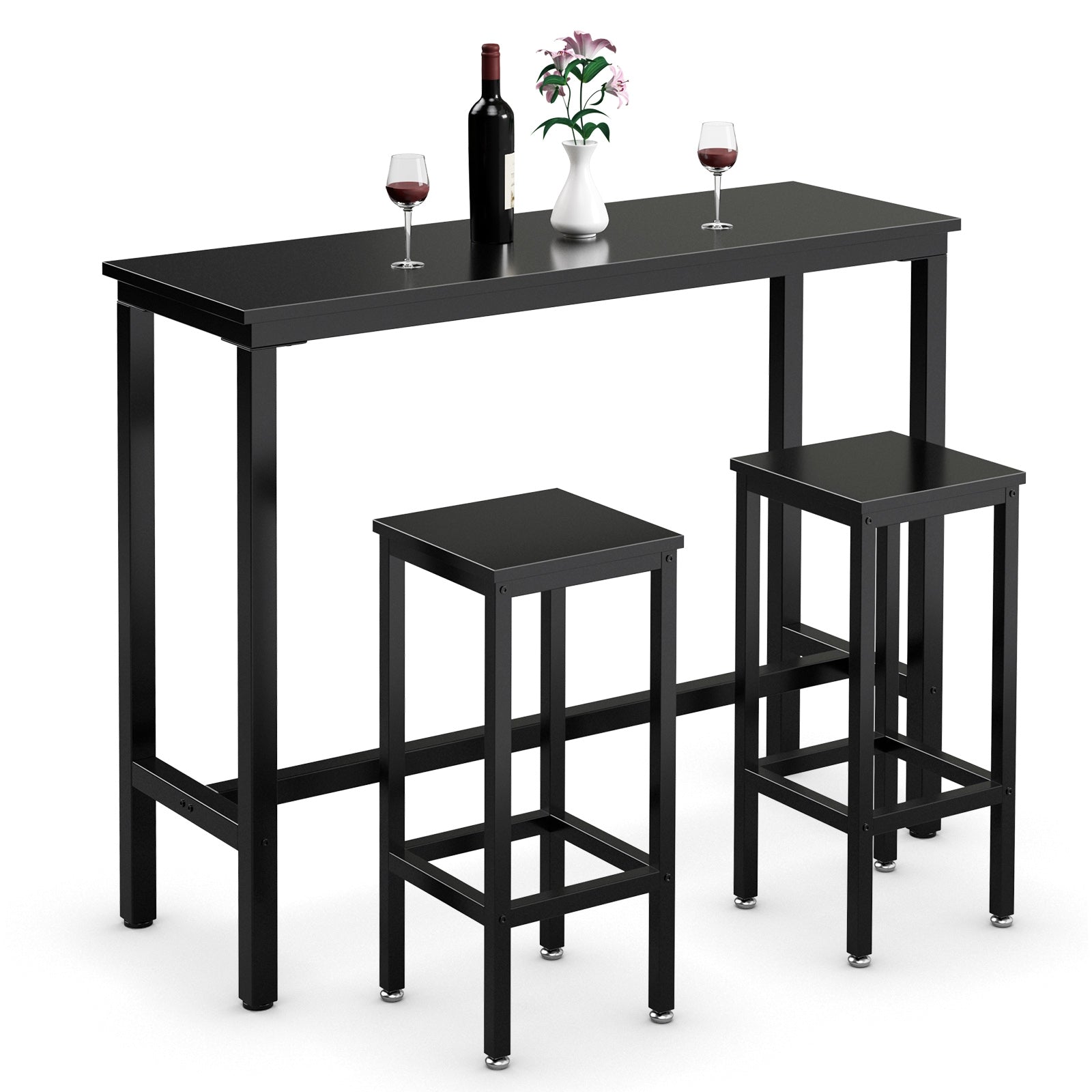 3 Pieces Counter Height Bar Furniture Set with Backless Stools-Black