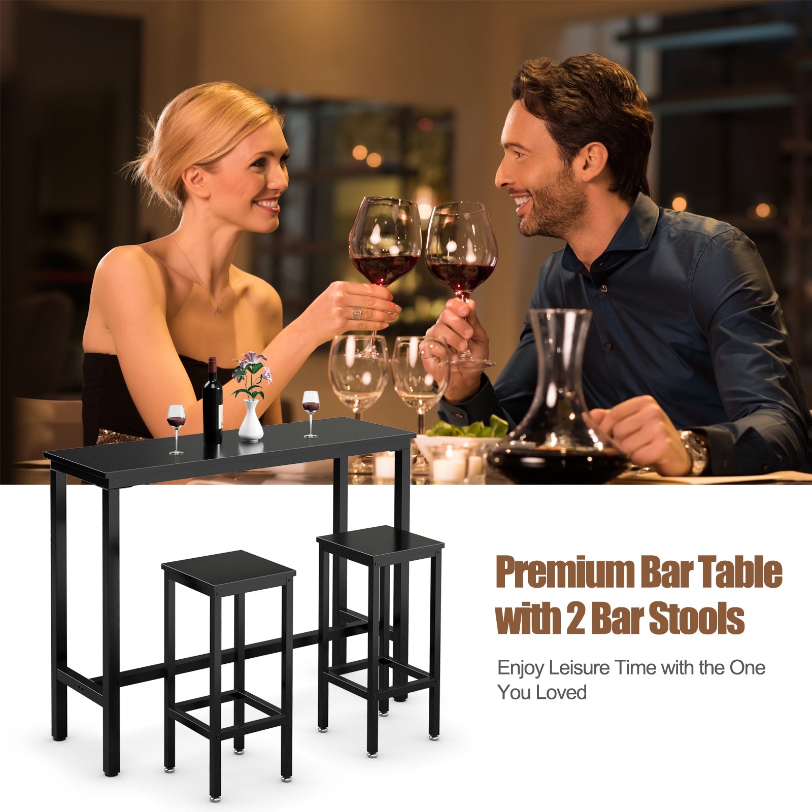 3 Pieces Counter Height Bar Furniture Set with Backless Stools-Black