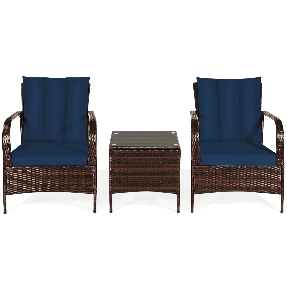 3 Pieces Patio Rattan Conversation Set with Glass Top Coffee Table and Cushions