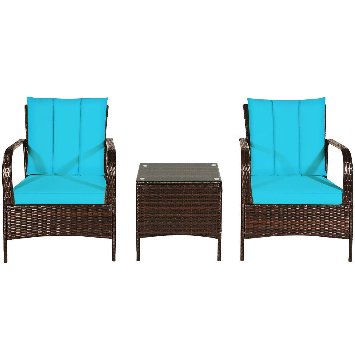 3 Pieces Patio Rattan Conversation Set with Glass Top Coffee Table and Cushions