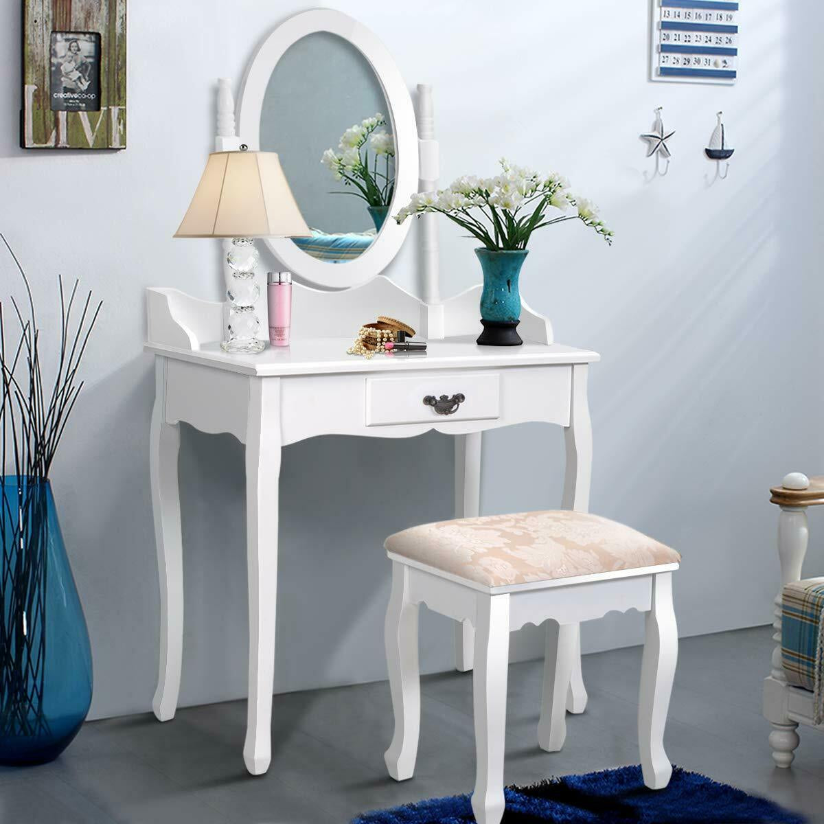 SUGIFT Wooden Vanity Table Set with Oval Mirror and Cushioned Stool