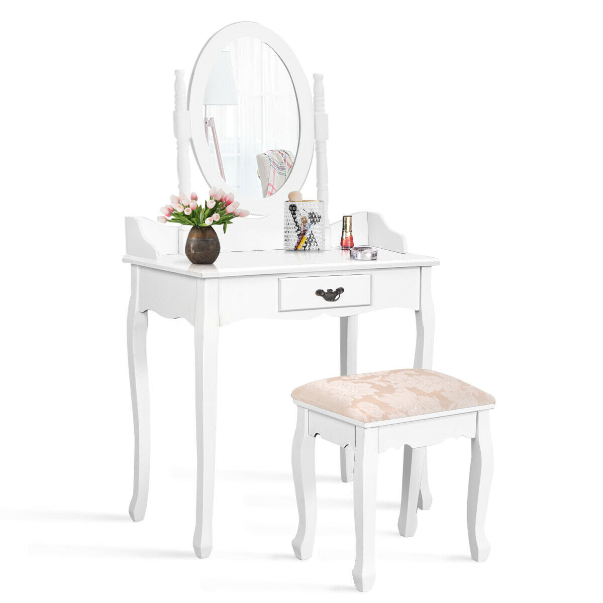 SUGIFT Wooden Vanity Table Set with Oval Mirror and Cushioned Stool