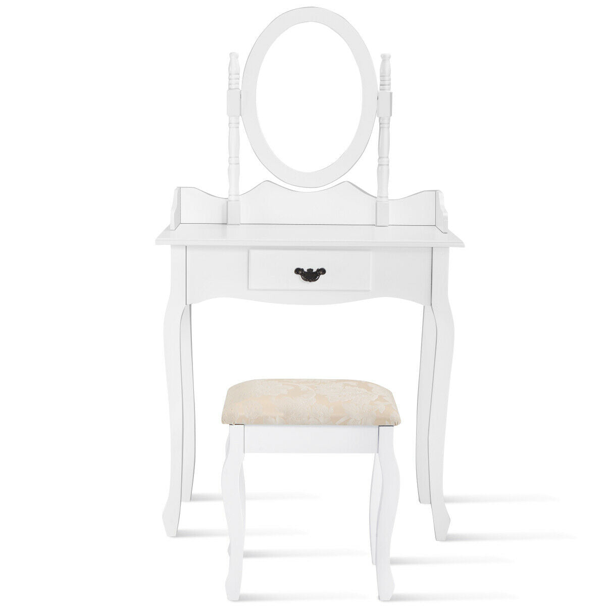 SUGIFT Wooden Vanity Table Set with Oval Mirror and Cushioned Stool