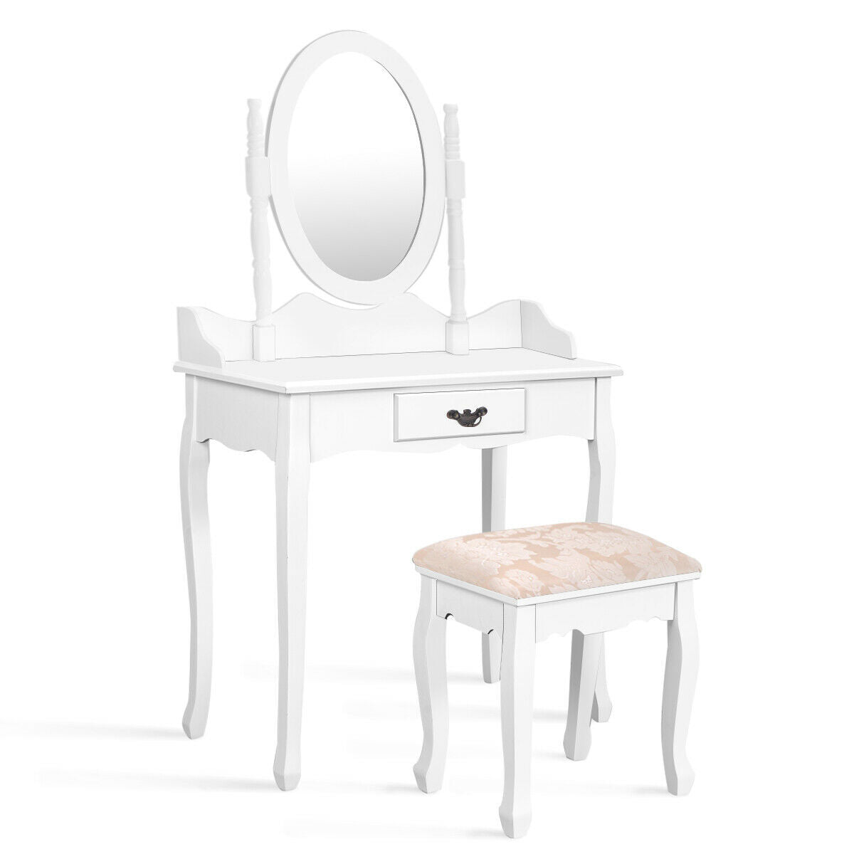 SUGIFT Wooden Vanity Table Set with Oval Mirror and Cushioned Stool