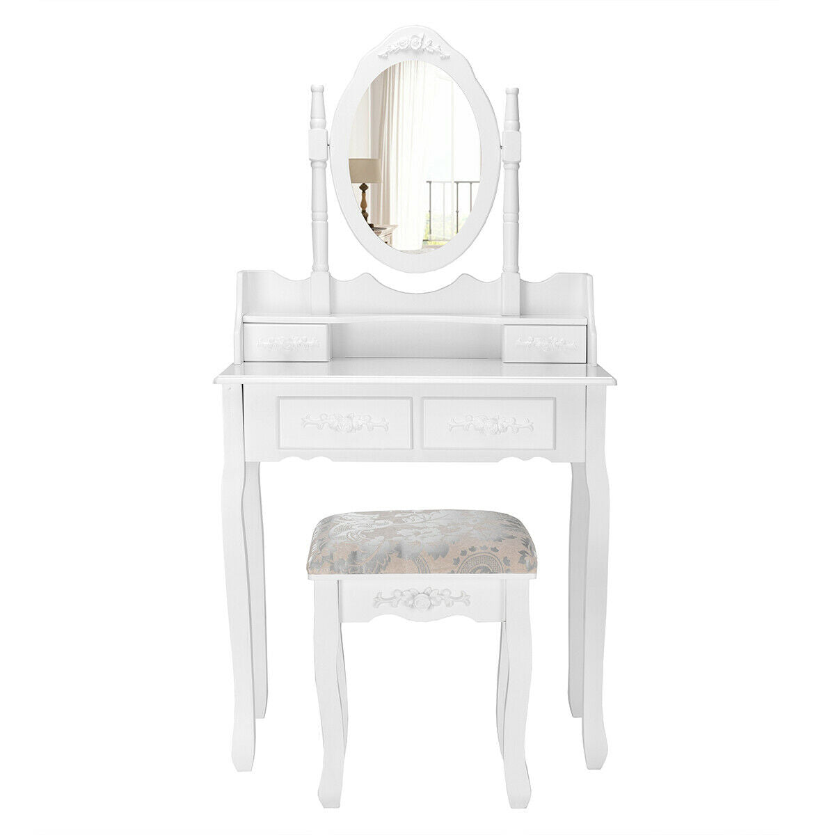 SUGIFT Vanity Table Set with Oval Mirror and 4 Drawers