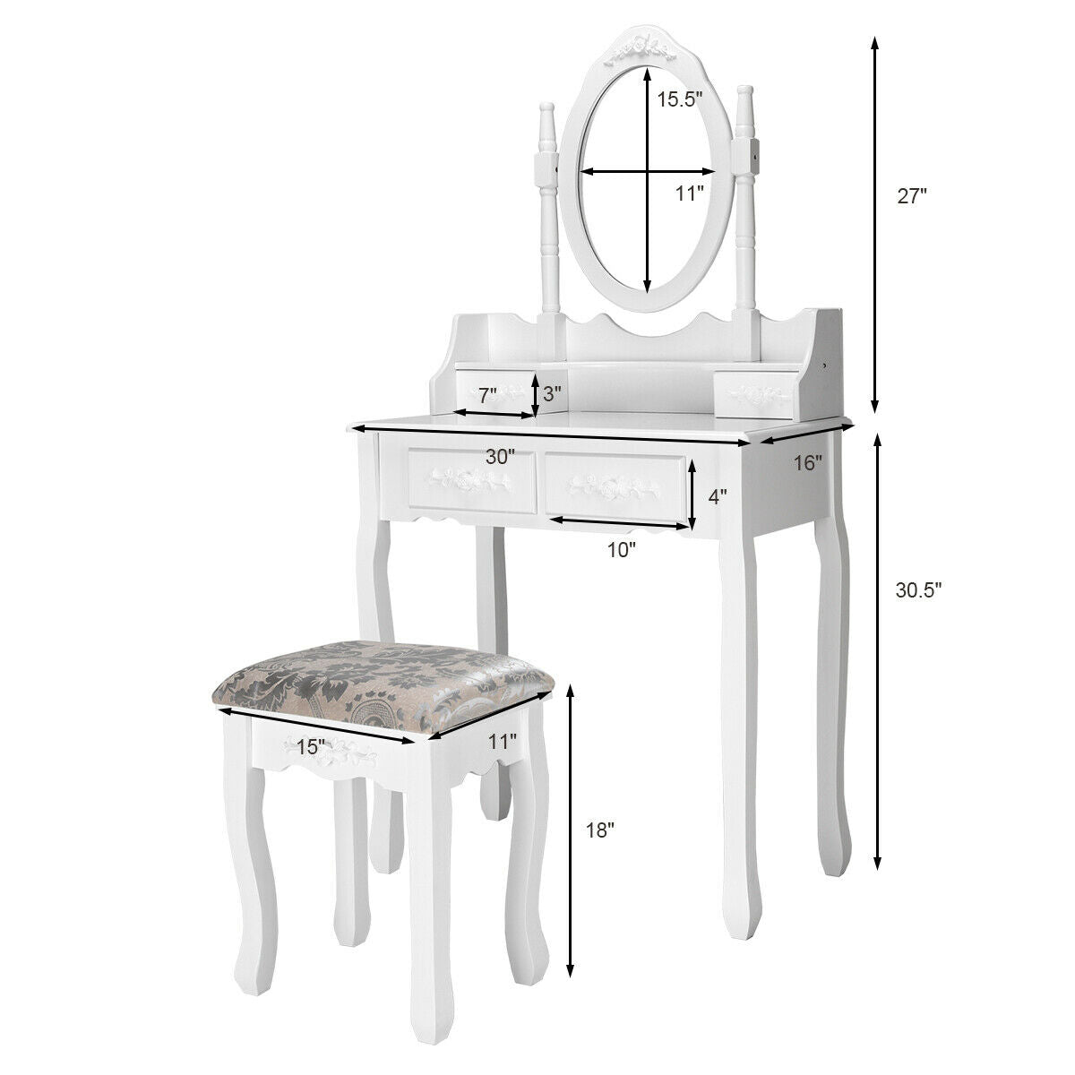 SUGIFT Vanity Table Set with Oval Mirror and 4 Drawers