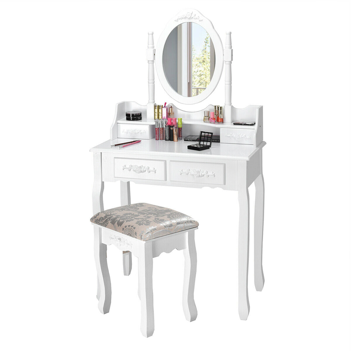 SUGIFT Vanity Table Set with Oval Mirror and 4 Drawers