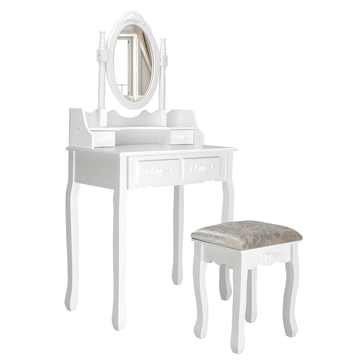 SUGIFT Vanity Table Set with Oval Mirror and 4 Drawers