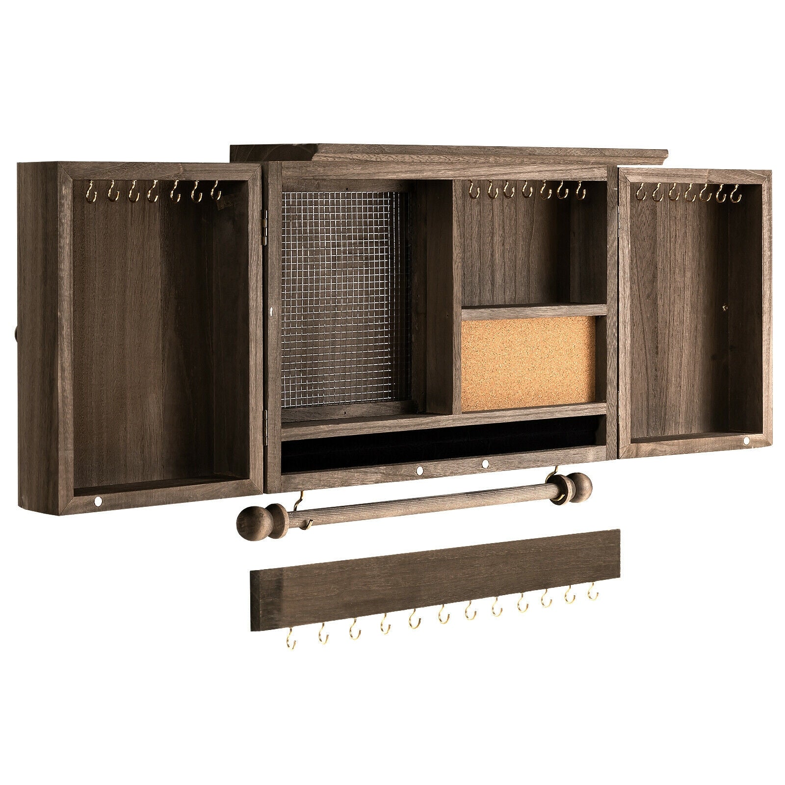 Vintage Wood Wall Mounted Jewelry Organizer with Barn Door-Brown