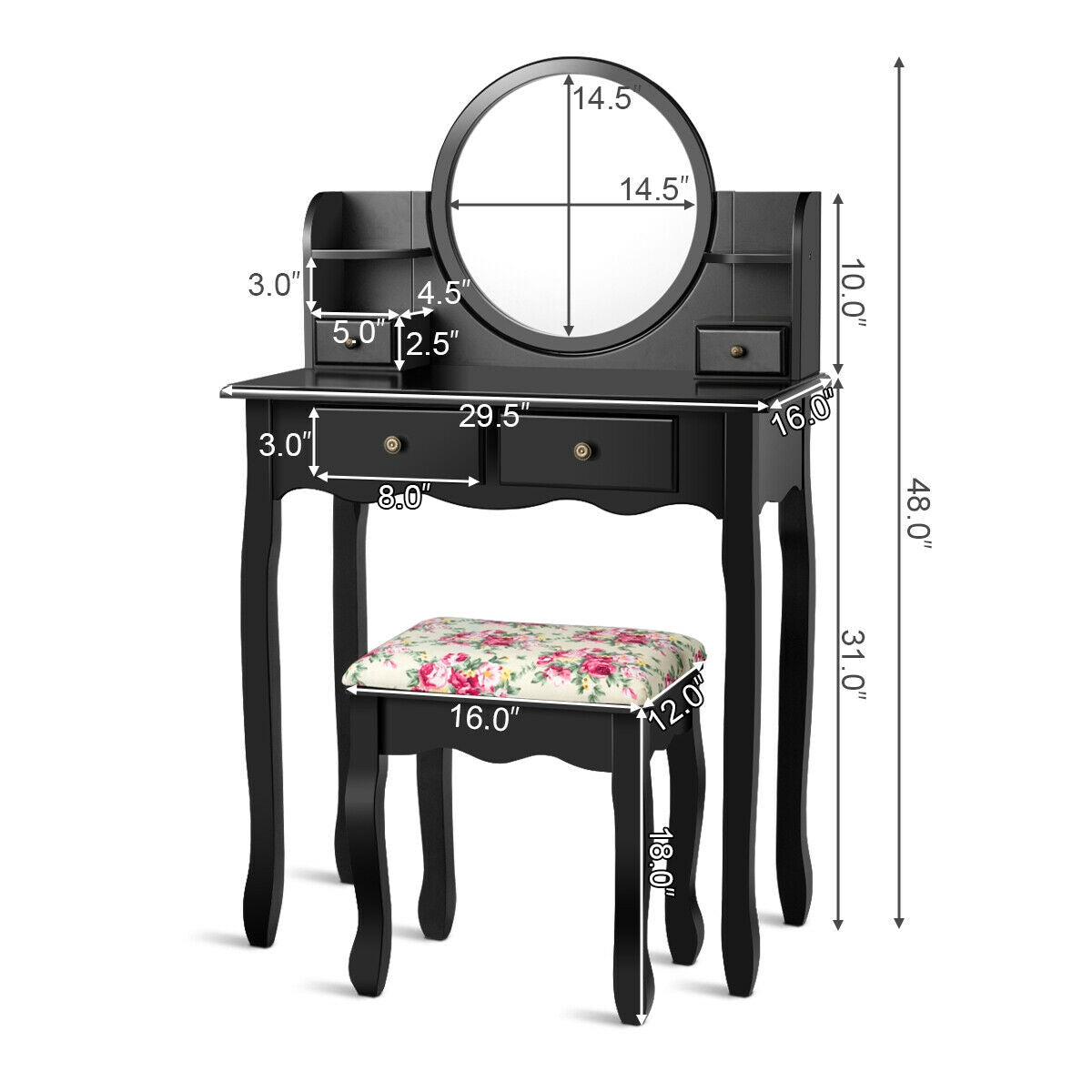 SUGIFT Makeup Vanity Table Set with 360¡ã Pivoted Round Mirror