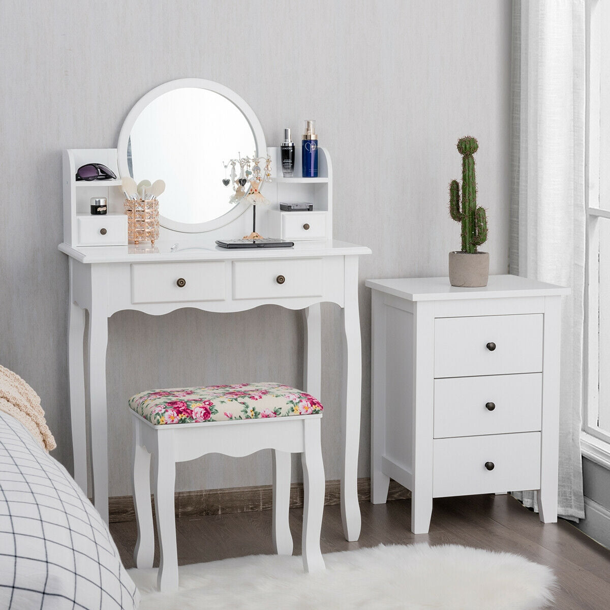 SUGIFT Makeup Vanity Table Set with 360¡ã Pivoted Round Mirror