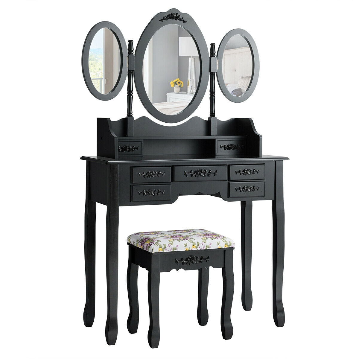 SUGIFT Vanity Set with Tri-Folding Mirror and Cushioned Stool