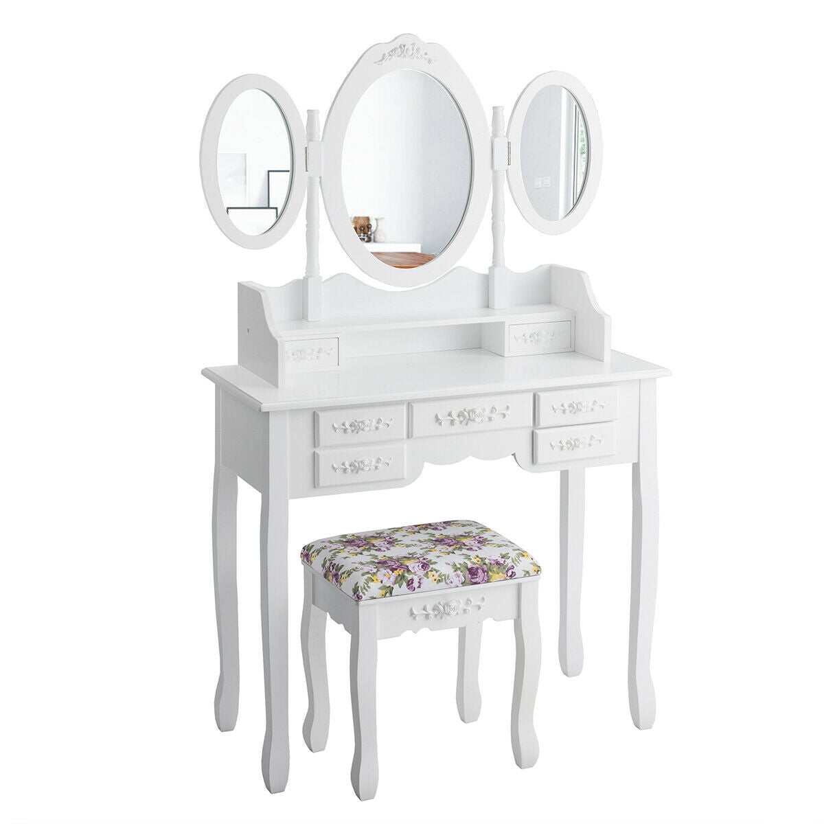 SUGIFT Vanity Set with Tri-Folding Mirror and Cushioned Stool