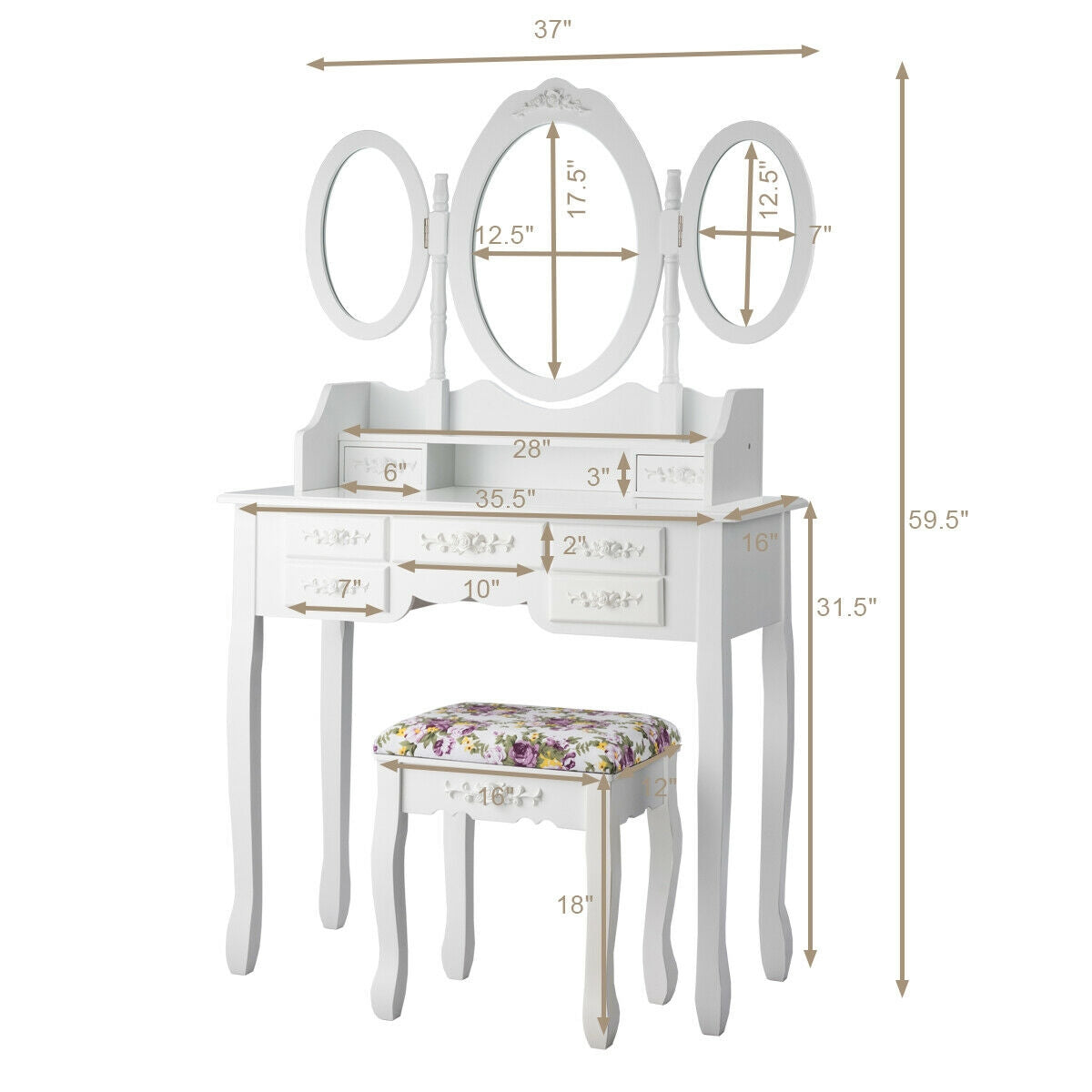 SUGIFT Vanity Set with Tri-Folding Mirror and Cushioned Stool
