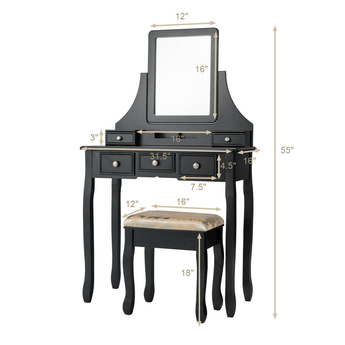 SUGIFT Makeup Vanity Set with Mirror and Cushioned Stool