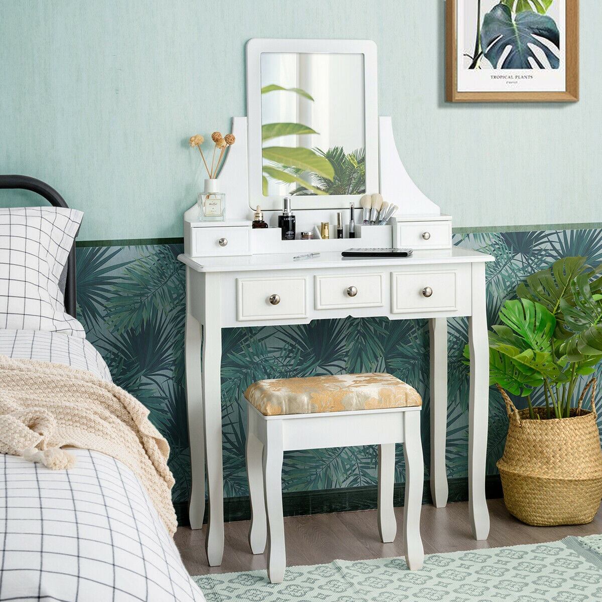 SUGIFT Makeup Vanity Set with Mirror and Cushioned Stool