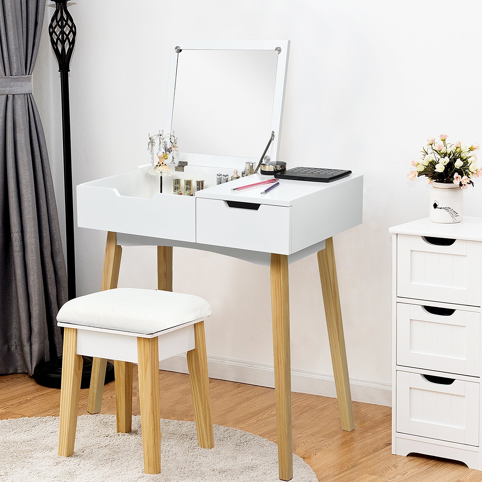 SUGIFT Wooden Vanity Table with Flip Top Mirror and Cushioned Stool