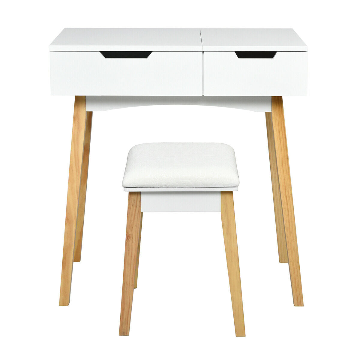 SUGIFT Wooden Vanity Table with Flip Top Mirror and Cushioned Stool