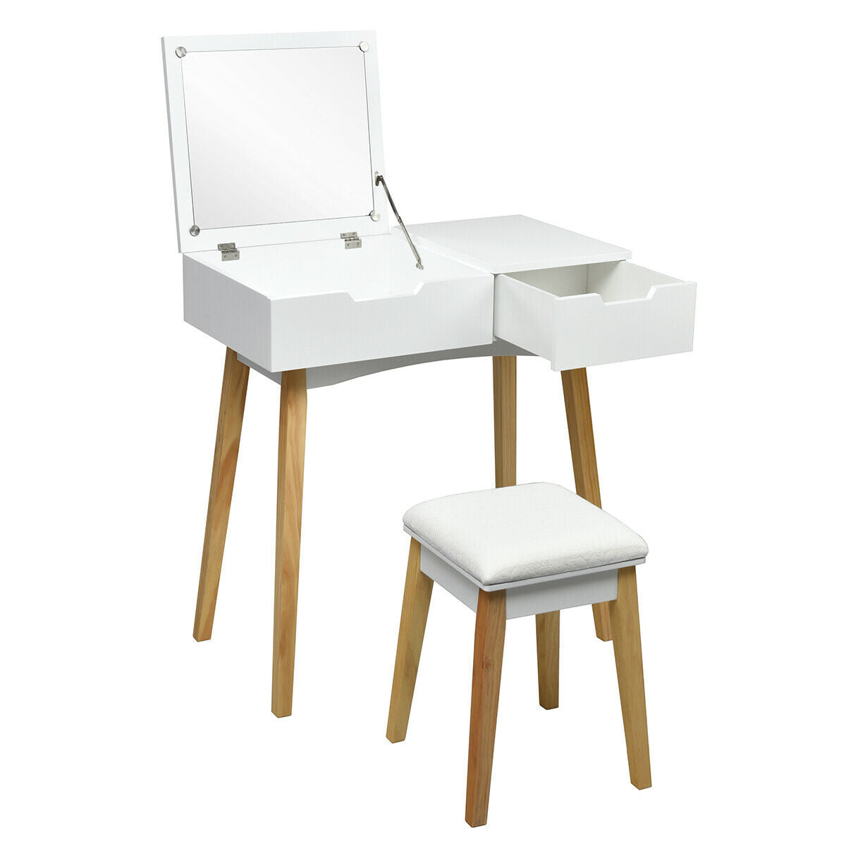 SUGIFT Wooden Vanity Table with Flip Top Mirror and Cushioned Stool