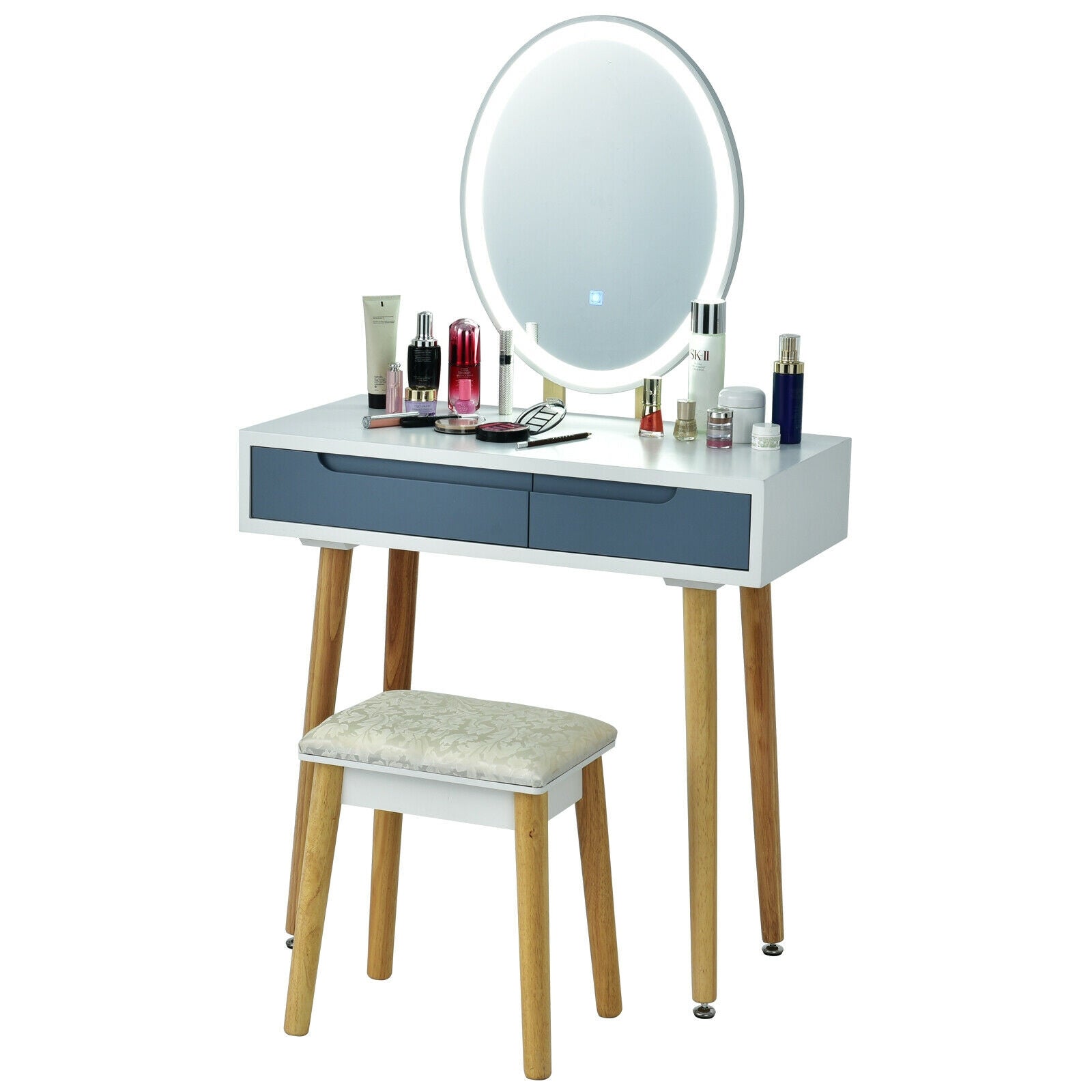 Touch Screen Vanity Makeup Table Stool Set with Lighted Mirror-Gray