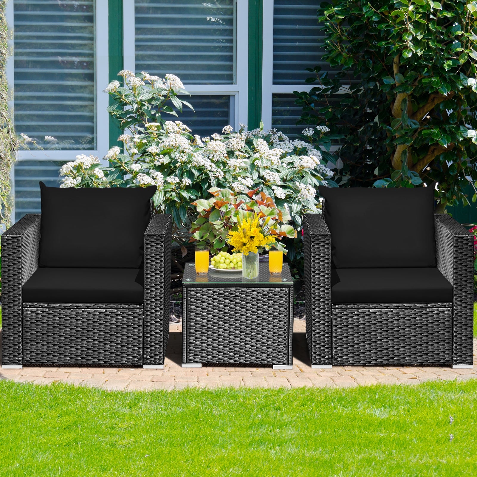 3 Pieces Patio Wicker Conversation Set with Cushion