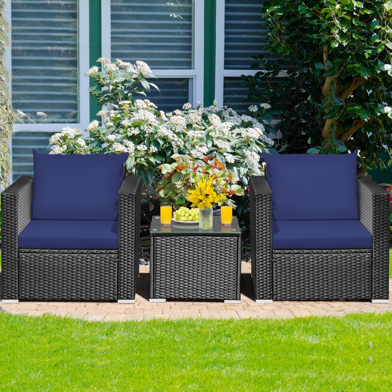 3 Pieces Patio Wicker Conversation Set with Cushion