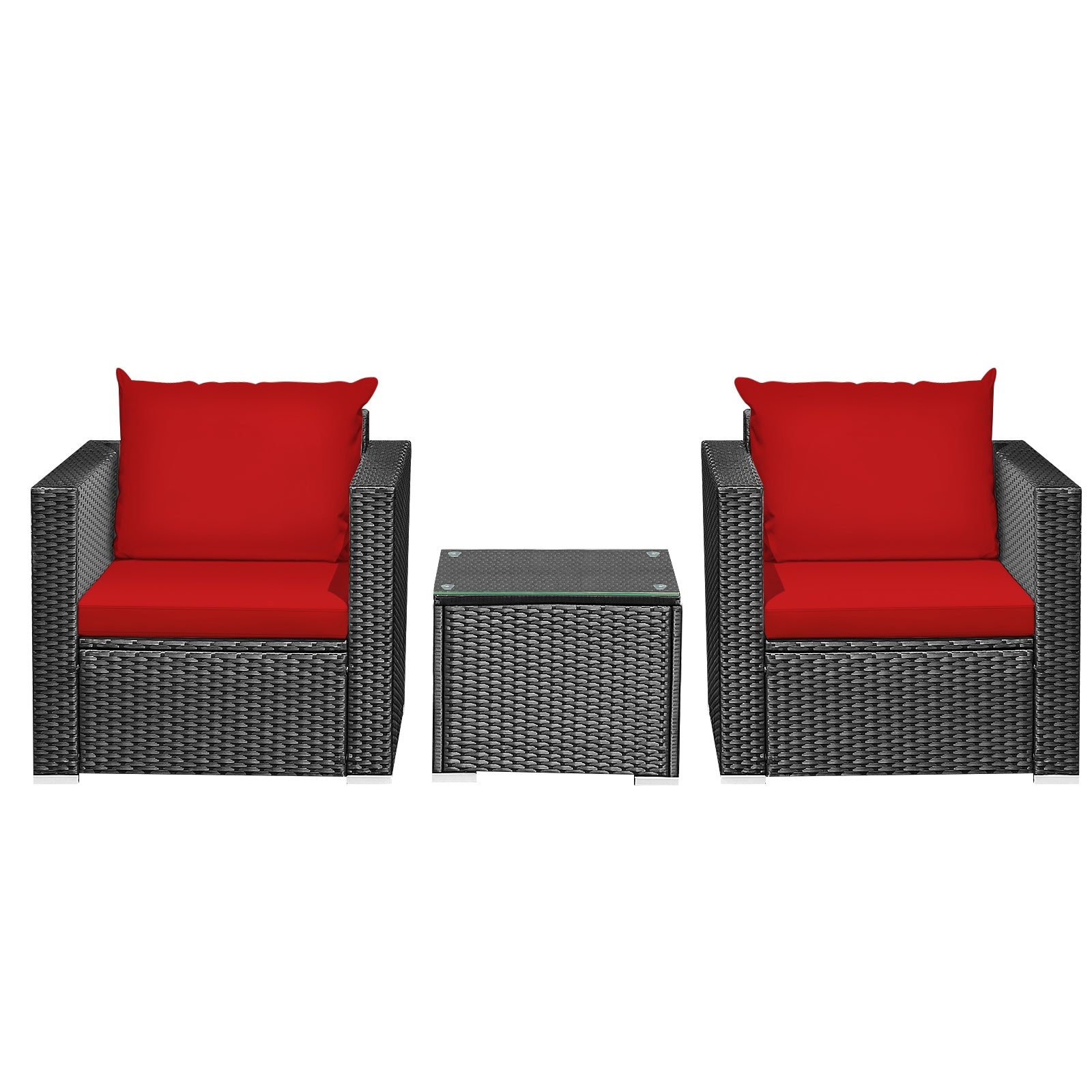 3 Pieces Patio Wicker Conversation Set with Cushion-Red