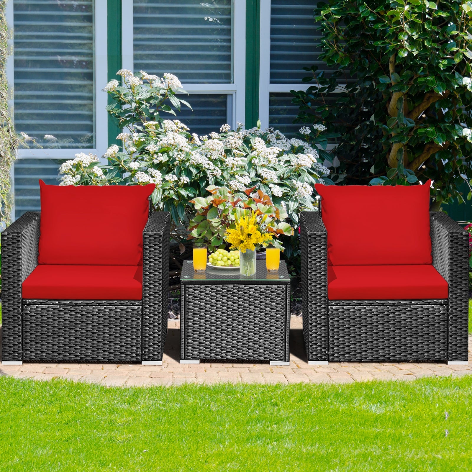 3 Pieces Patio Wicker Conversation Set with Cushion-Red