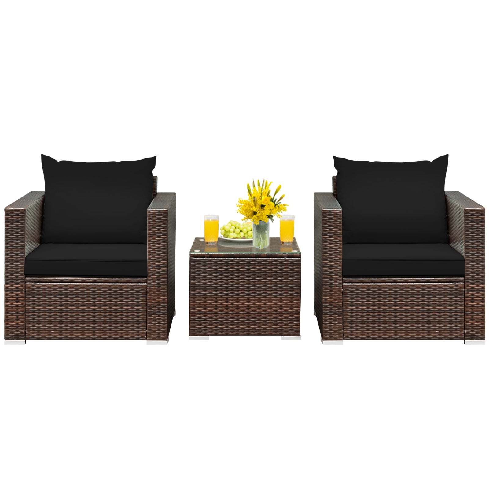 3 Pieces Patio Conversation Rattan Furniture Set with Cushion