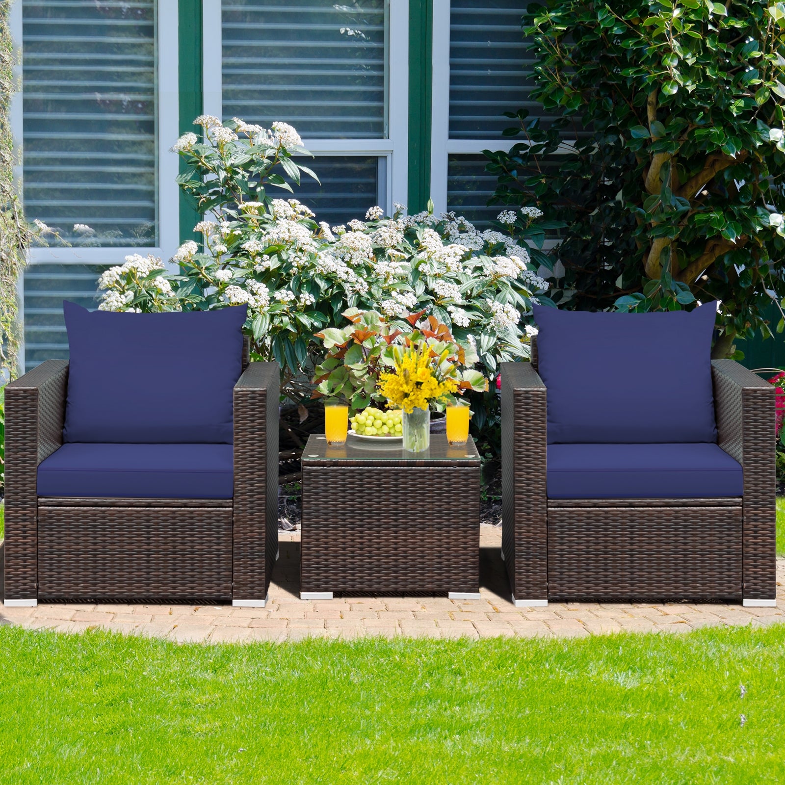 3 Pieces Patio Conversation Rattan Furniture Set with Cushion