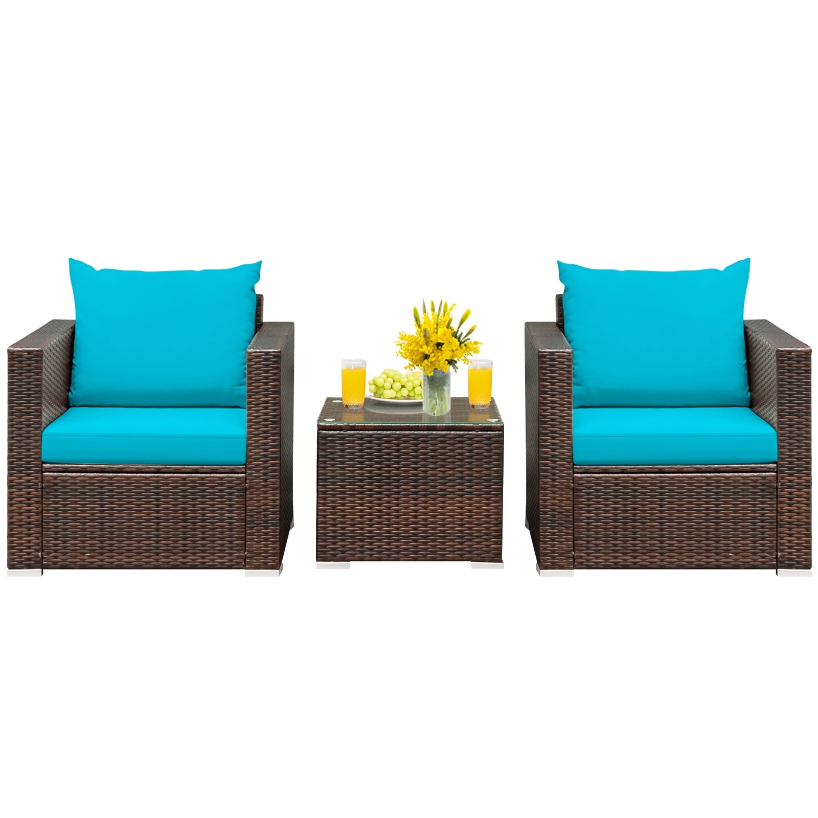3 Pieces Patio Conversation Rattan Furniture Set with Cushion