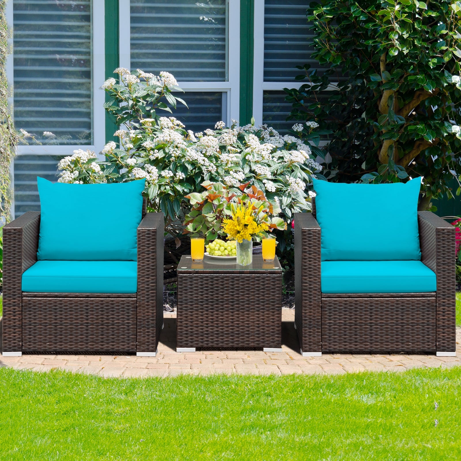 3 Pieces Patio Conversation Rattan Furniture Set with Cushion