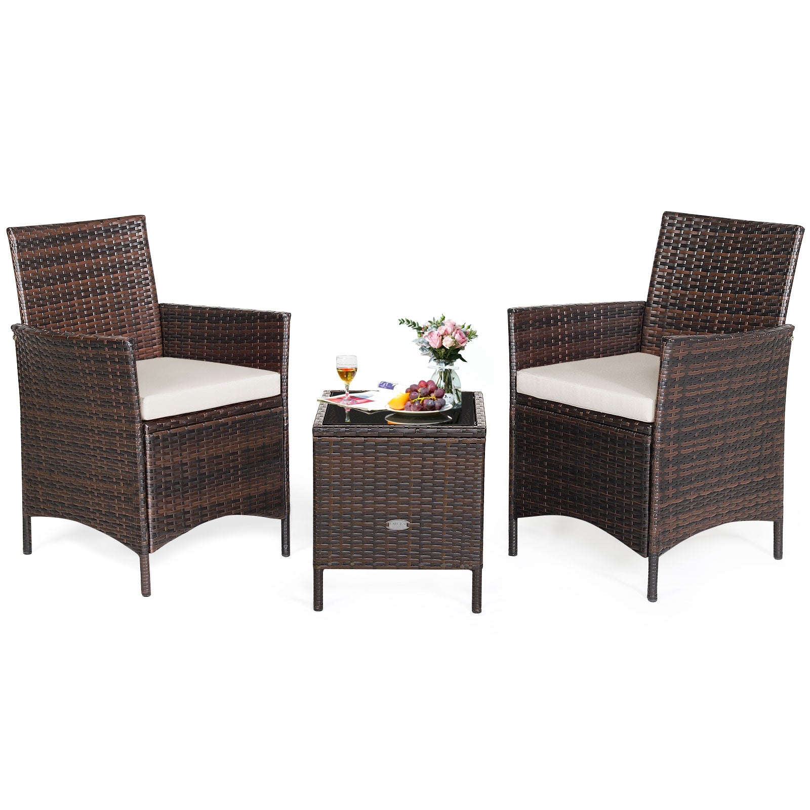 3 Pieces Patio Cushioned Rattan Converstaion Set With Glass Table Top