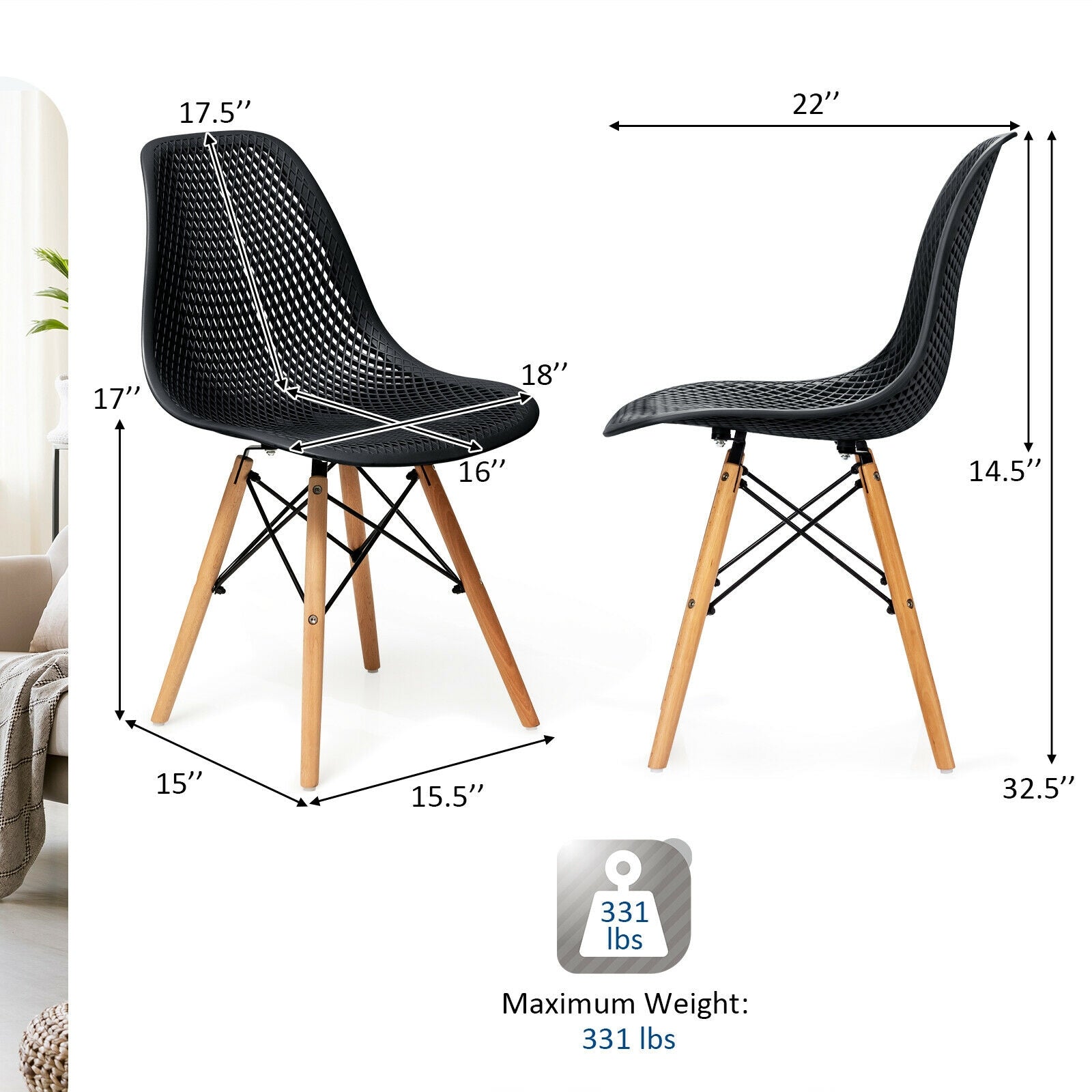 SUGIFT 4 Pieces Modern Plastic Hollow Chair Set with Wood Leg