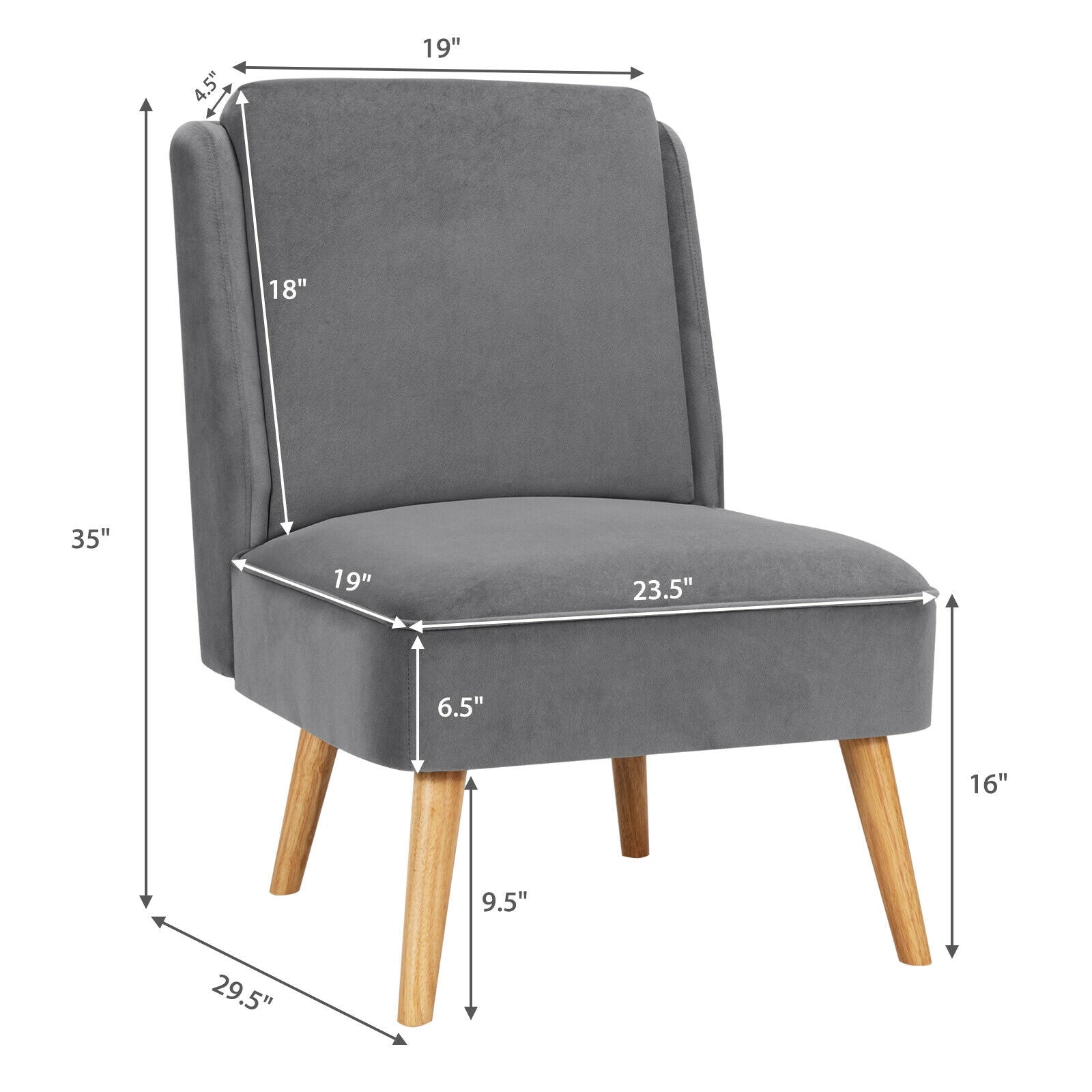 Velvet Accent Armless Side Chair with Rubber Wood Legs for Bedroom