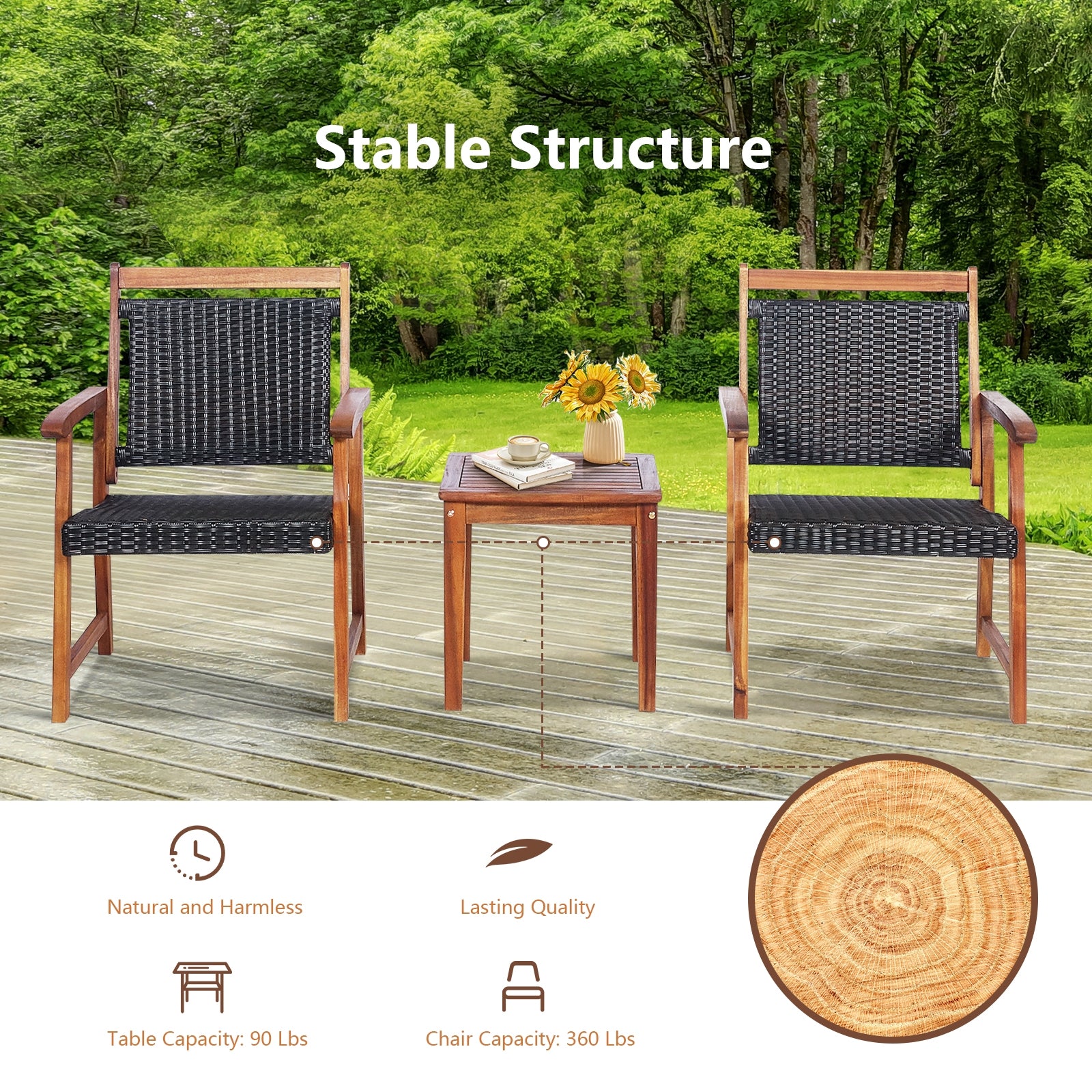 SUGIFT 3 Pieces Rattan Bistro Set with Acacia Wood Frame for Garden