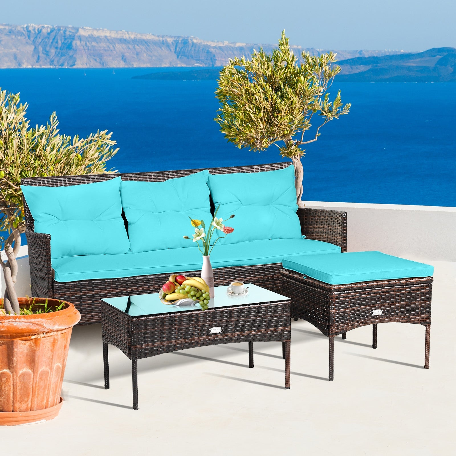 3 Pieces Patio Furniture Sectional Set with 5 Cozy Cushions