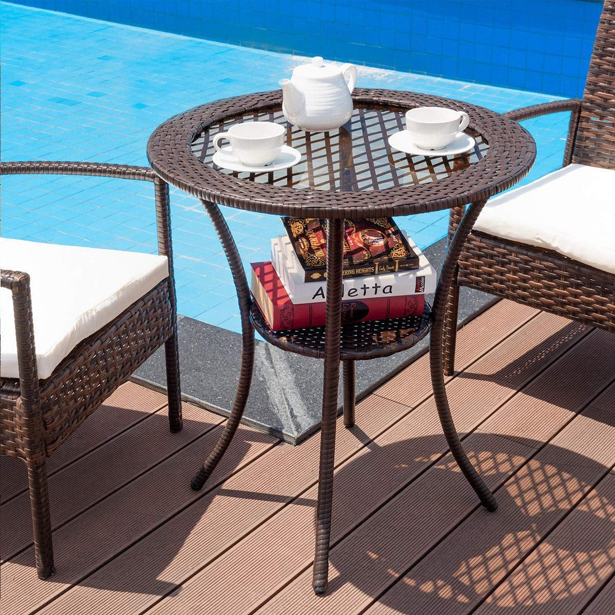 SUGIFT Round Rattan Wicker Coffee Table with Lower Shelf