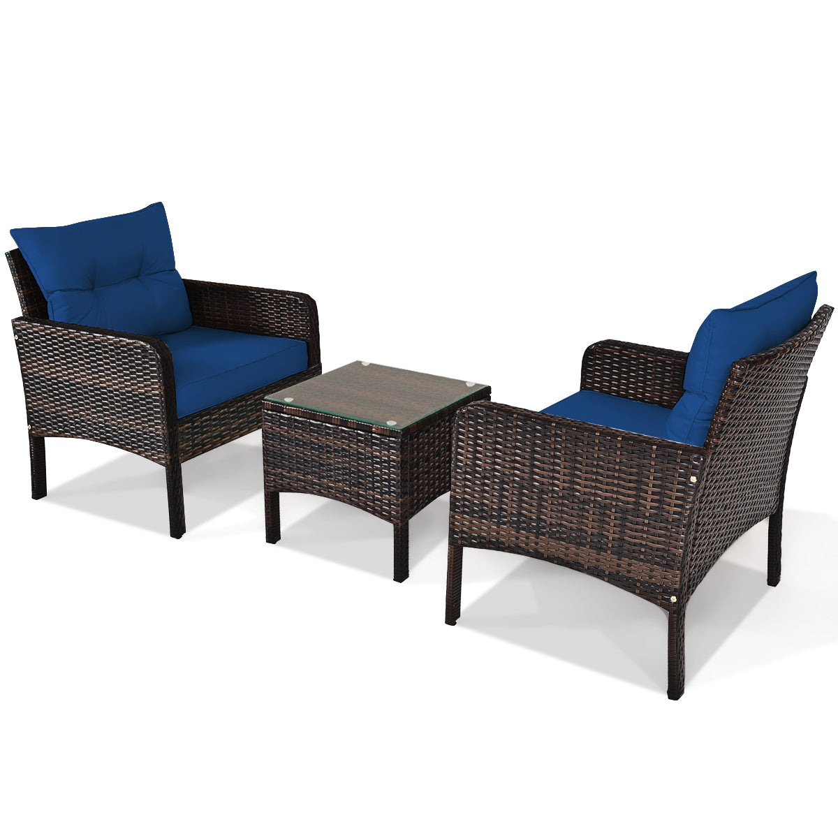 3 Pieces Outdoor Patio Rattan Conversation Set with Seat Cushions-Navy