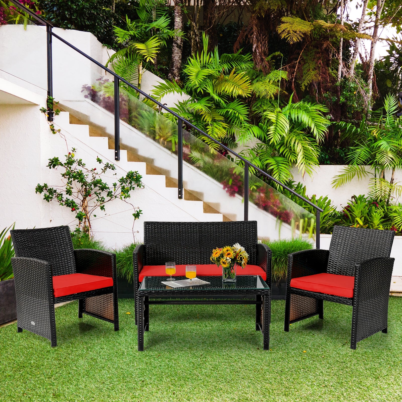 SUGIFT 4 Pieces Patio Rattan Cushioned Furniture Set