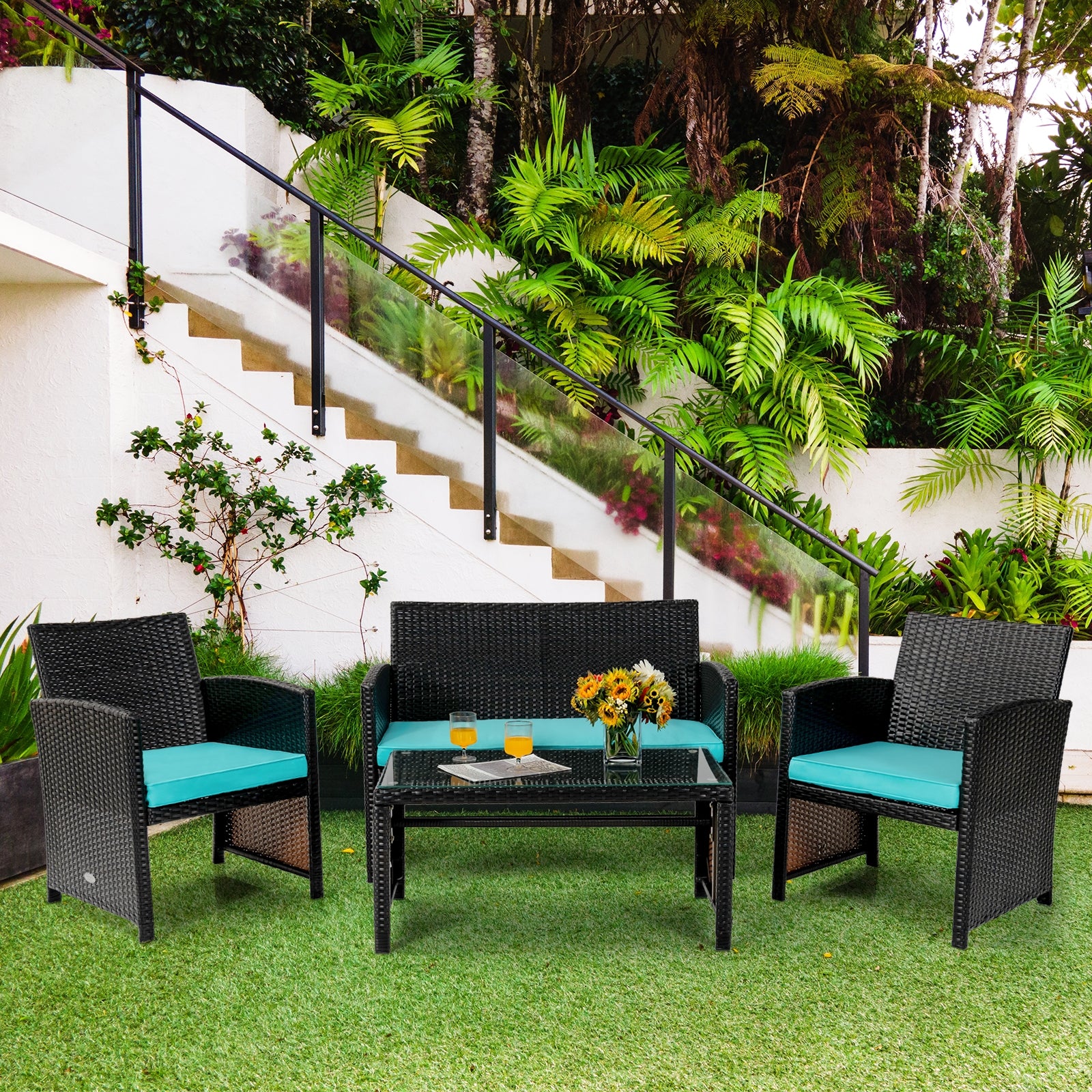 SUGIFT 4 Pieces Patio Rattan Cushioned Furniture Set