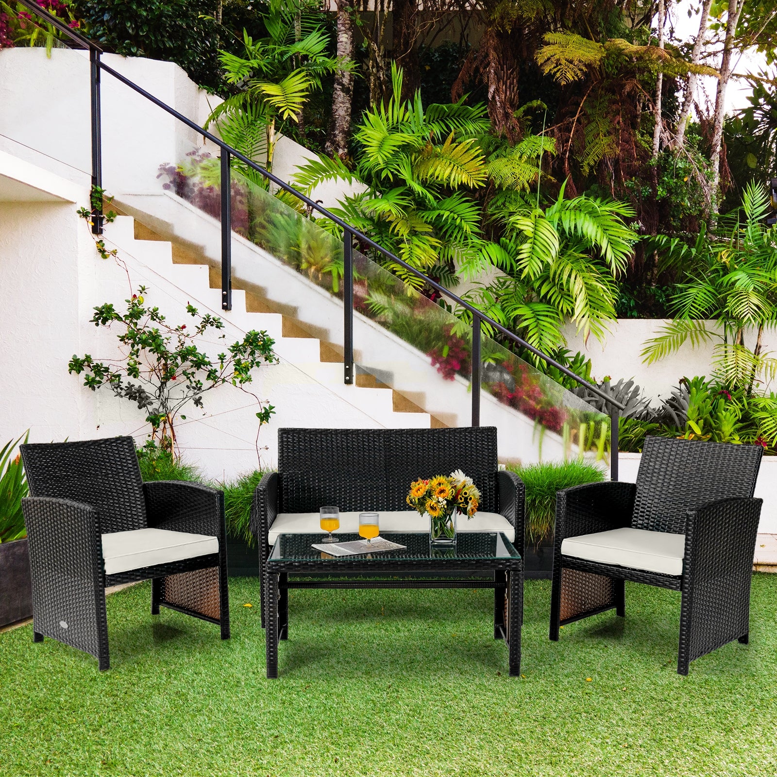 SUGIFT 4 Pieces Patio Rattan Cushioned Furniture Set