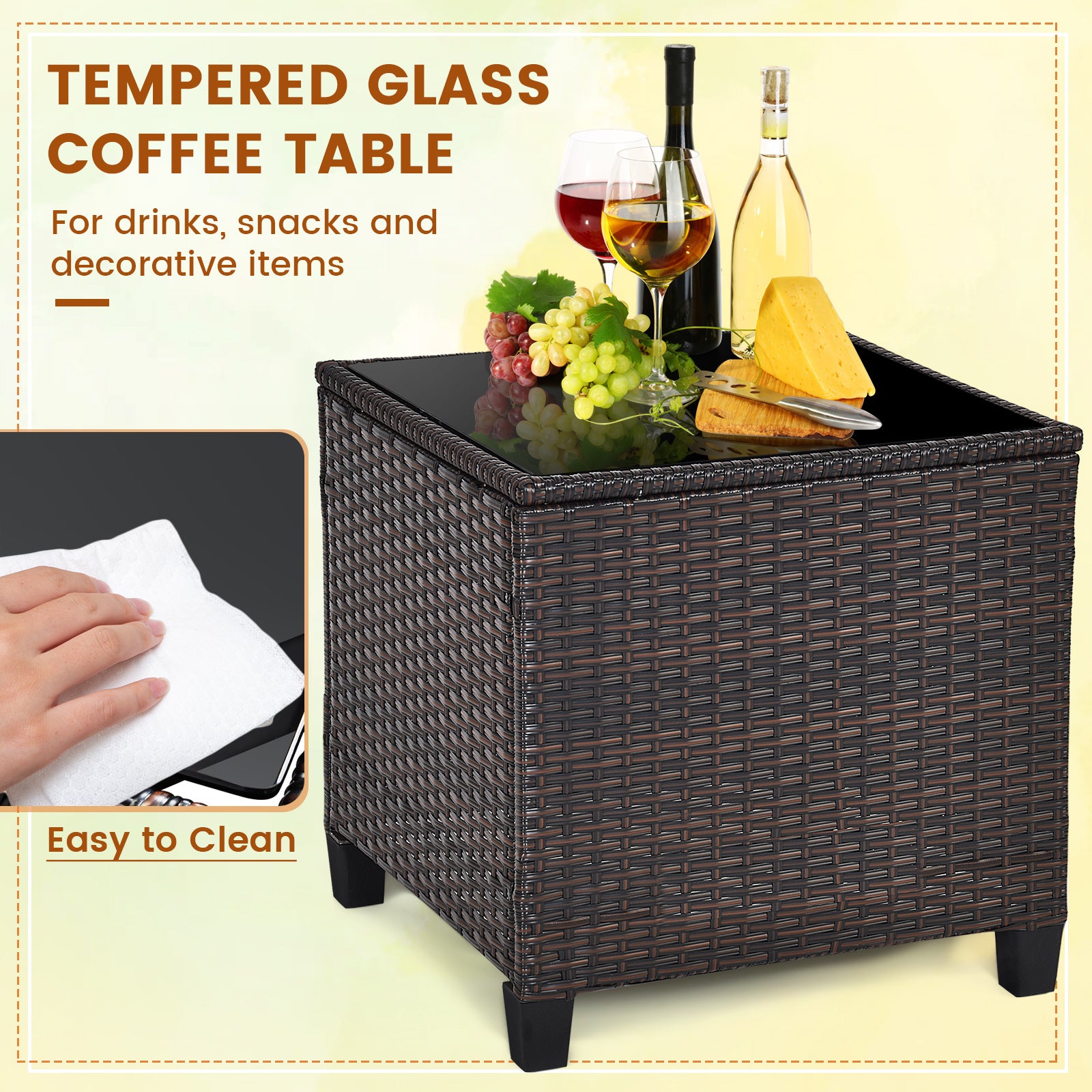 3 Pieces Patio Rattan Furniture Set with Washable Cushions and Tempered Glass Tabletop