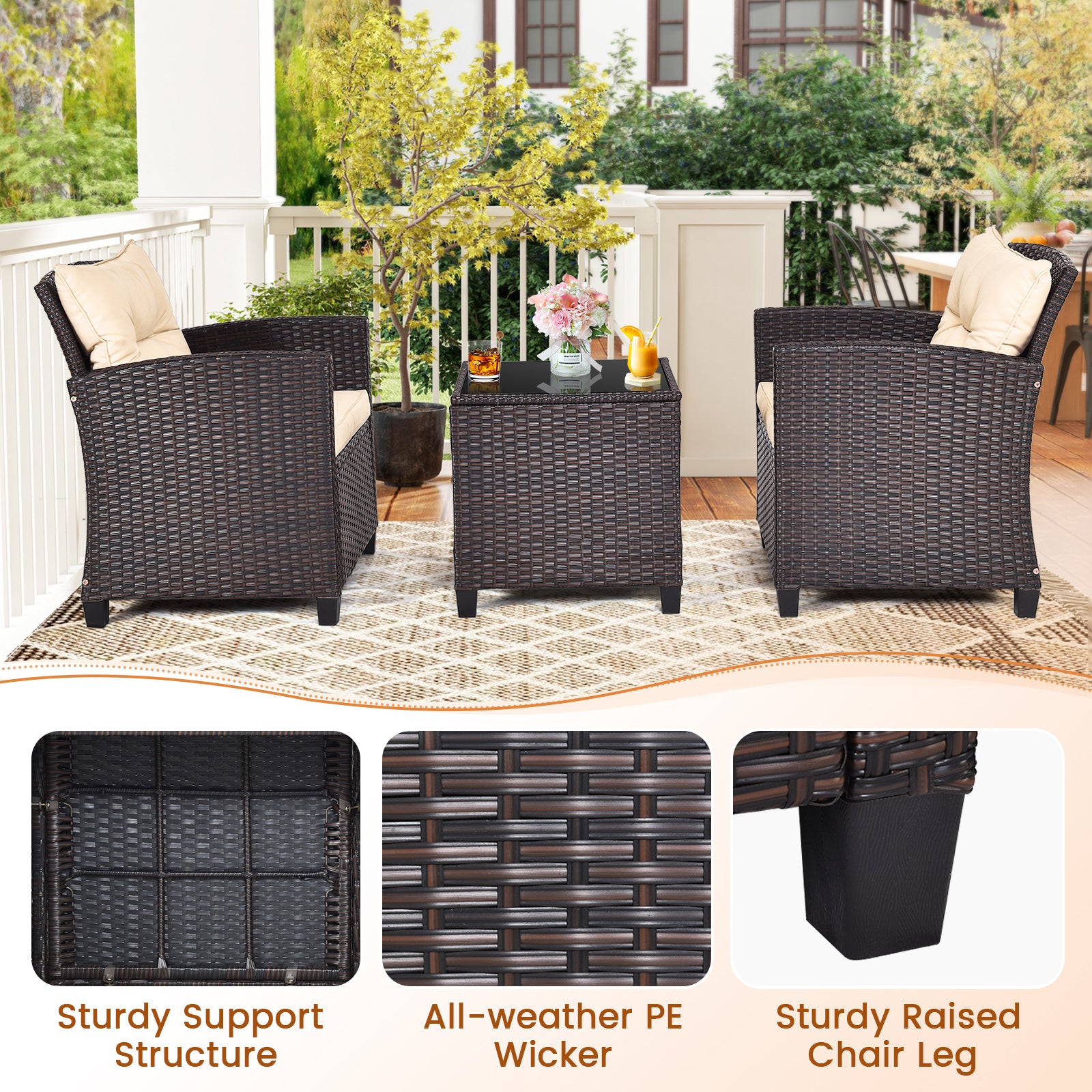 3 Pieces Patio Rattan Furniture Set with Washable Cushions and Tempered Glass Tabletop