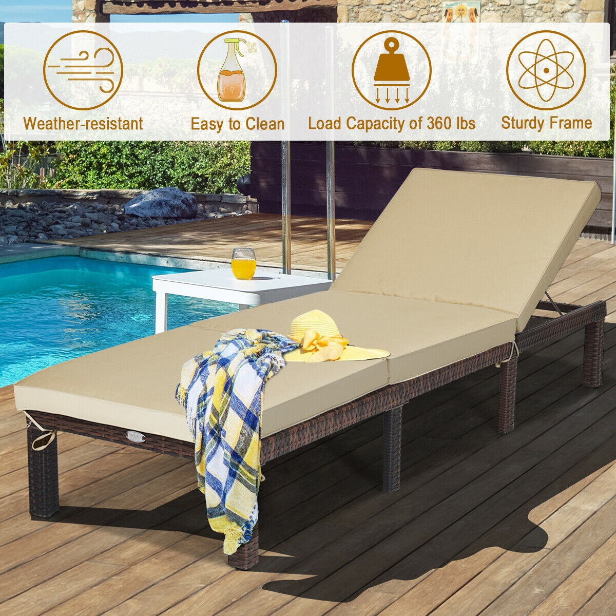 SUGIFT Paito Wicker Chaise Lounger with Adjustable Backrest
