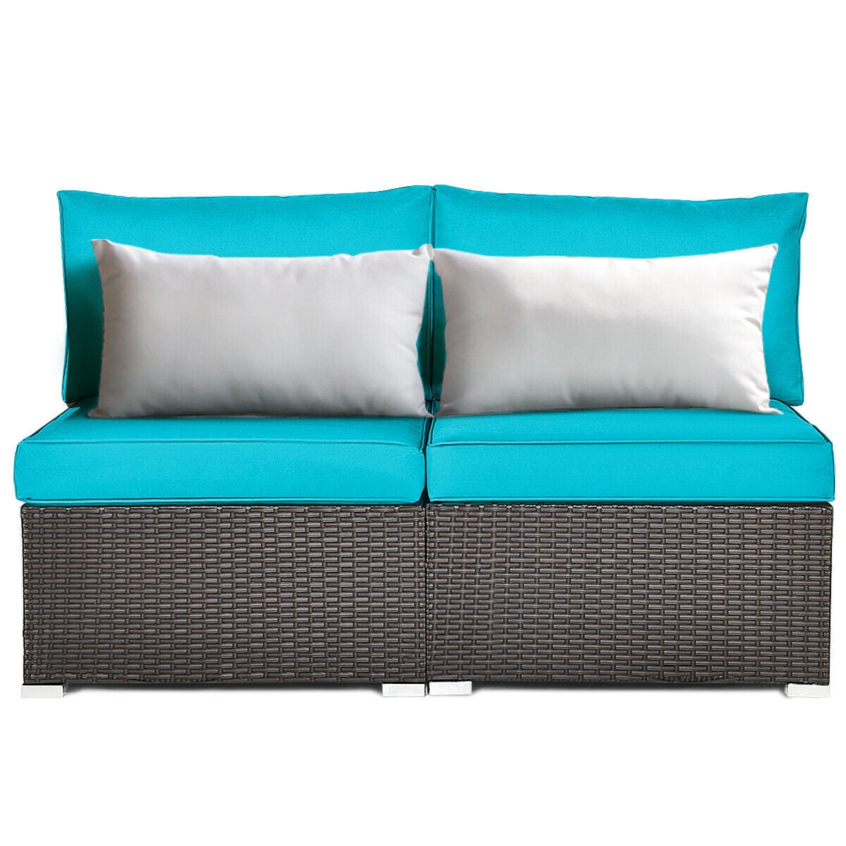 2 Pieces Patio Rattan Armless Sofa Set with 2 Cushions and 2 Pillows