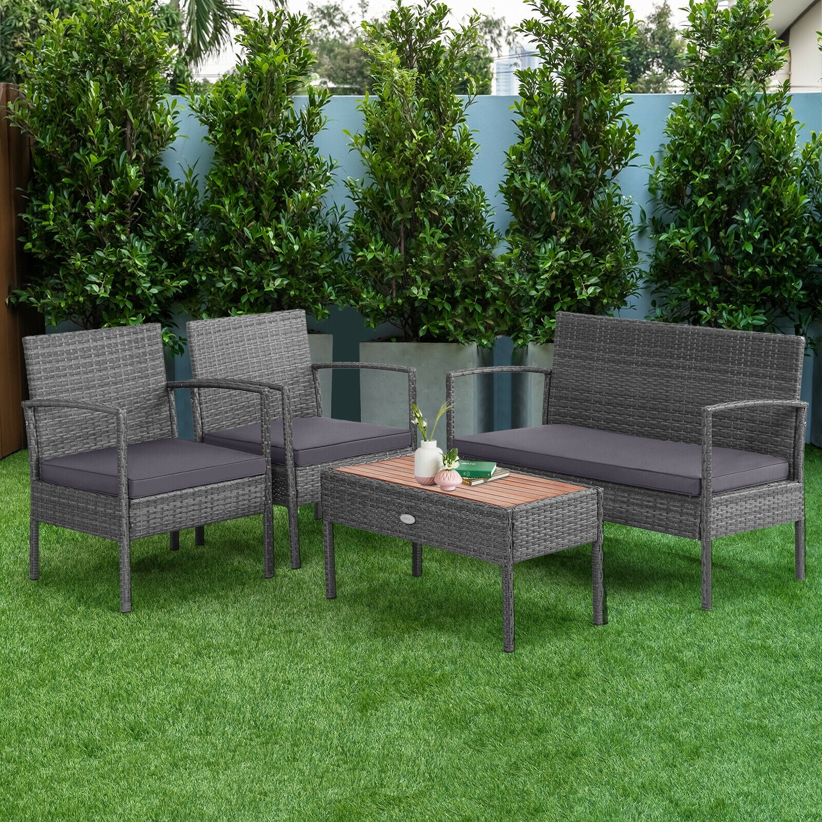 SUGIFT 4 Pieces Rattan Patio Conversation Furniture Set with Acacia Wood Tabletop
